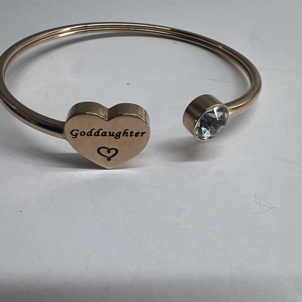 Pink Gold Plated Open‎ Cuff Bangle, Heart Goddaughter Crystal
